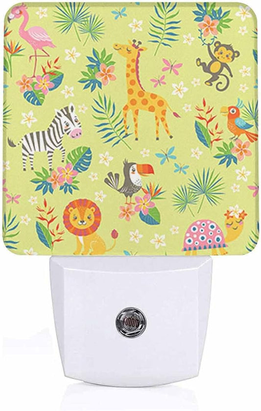 LED Night Light,Cute Cartoon Tropical Animals On Green LED Night Light Plug into Wall with Dusk to Dawn Light Sensor White Energy Efficient Nightlight for Bedroom Bathroom Hallway Living Room Kitchen