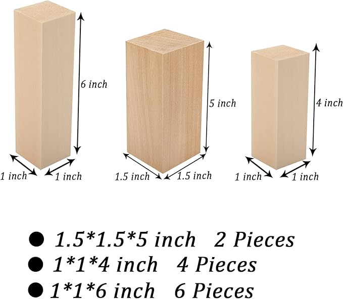Unfinished Basswood Carving Blocks Kit, Rectangular Wooden Blocks 12 Pack for DIY Carving and Crafting for Adults Beginner and Experts(5 x 1.5 x 1.5 inch, 4 x 1 x 1 inch, 6 x 1 x 1 inch)