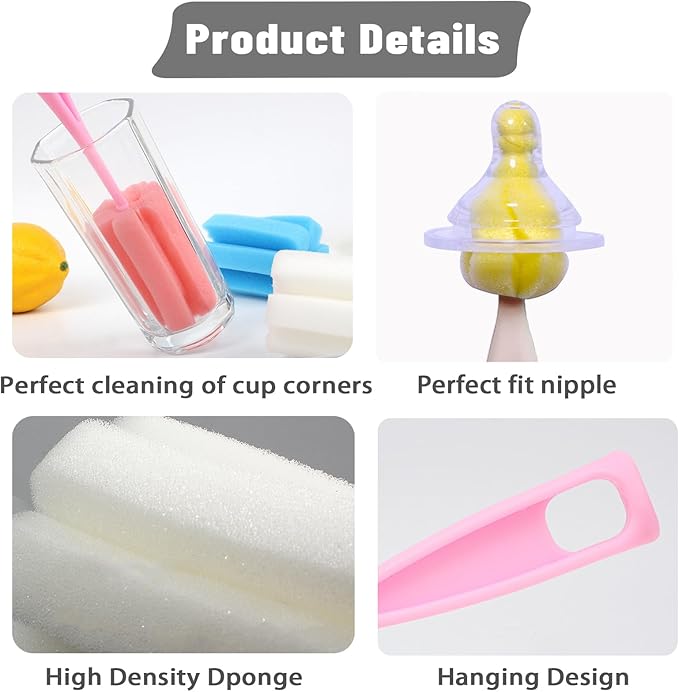 8PCS Bottle Brush Sponge Nipple Brushes Long Handle Cup Cleaner Brush for Baby Bottle Glasswares Mugs Cups Kitchen Clean (4 Bottle Brushes + 4 Nipple Brushes)