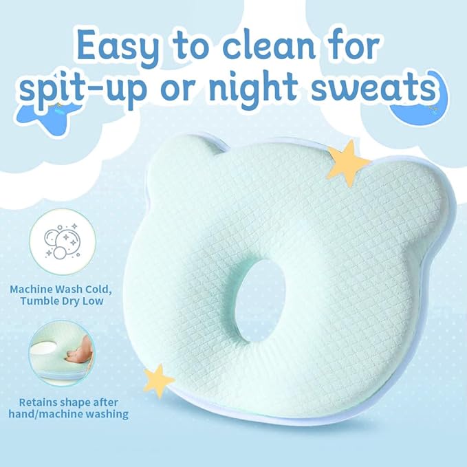 Memory Foam Baby Pillow for Newborn Flat Head Baby Pillow Machine-Washable Neck Support Prevent Flat Head 100% Cotton,Blue