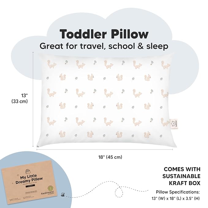 KeaBabies 2-Pack Toddler Pillow 13x18 - Soft Organic Cotton Kids Travel Bed Pillows for Sleeping, School, Nap, Machine Washable, Toddlers 2 to 5, Pillowcase Sold Separately (Nibbles/Bruce)