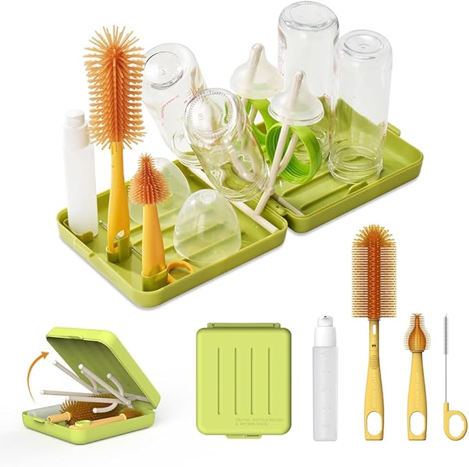 Travel Bottle Brush with Portable Bottle Drying Rack, Baby Bottle Brush for Baby Travel Essential, Green