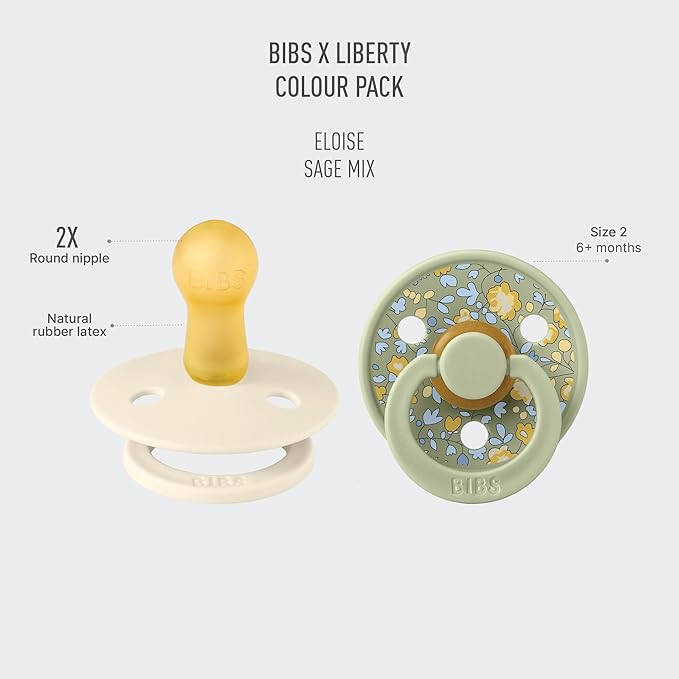 BIBS Colour Liberty Soother 2-Pack, BPA Free Dummy Pacifier, Round Nipple. Natural Rubber Latex, Made in Denmark, Size 2 (6-18 Months), Eloise Sage