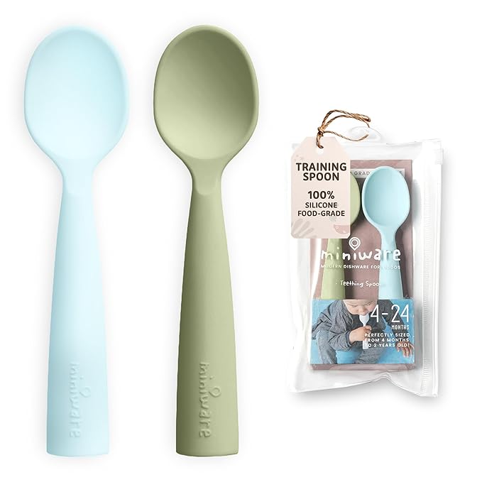 Miniware Silicone Baby Spoon for Training - BPA Free Baby Utensils - Baby Spoons Self Feeding 6 Months | 100% Food Grade Silicone - Modern & Dishwasher Safe Toddler Spoons (Aqua and Pistachio)