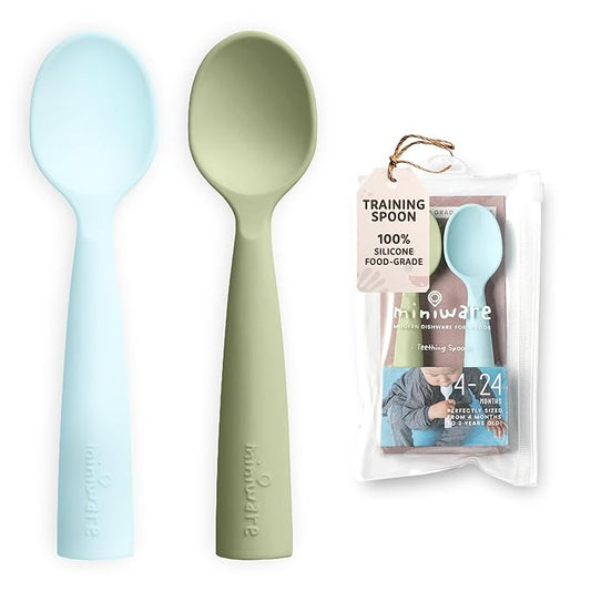 Miniware Silicone Baby Spoon for Training - BPA Free Baby Utensils - Baby Spoons Self Feeding 6 Months | 100% Food Grade Silicone - Modern & Dishwasher Safe Toddler Spoons (Aqua and Pistachio)