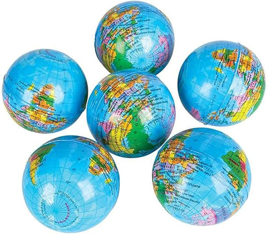 The Dreidel Company World Globe Squeeze Ball Bunch Stress Ball, Planet Soft Foam Stress & Anxiety Relief Toy, Planet Earth, 3" Inches - (Pack of 6)