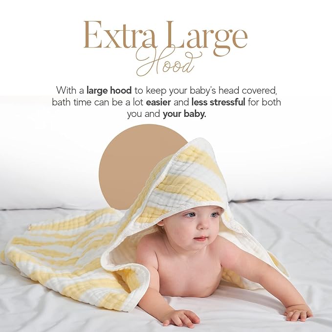 Muslin Hooded Baby Towel 4 Pack, Preuim Muslin 6 Layers Natural Cotton Baby Bath Towels, Soft and Comfortable for Boys,Girls (32 x 32, Yellow Striped and White)