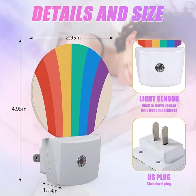 LGBTQ Pride Night Light Colorful Rainbow Night Lights LED Lamp Round Plug into Wall Nightlight with Dusk to Dawn Sensor Home Hallway Stairway Kitchen Decor