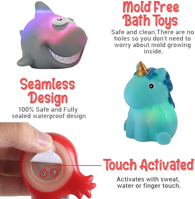 12 PCS Light Up Bath Toys with Duck Mesh Tub Storage Organizer, Toddler Flashing Color Changing LED Bathtub Mermaid Toy in Water for Kids