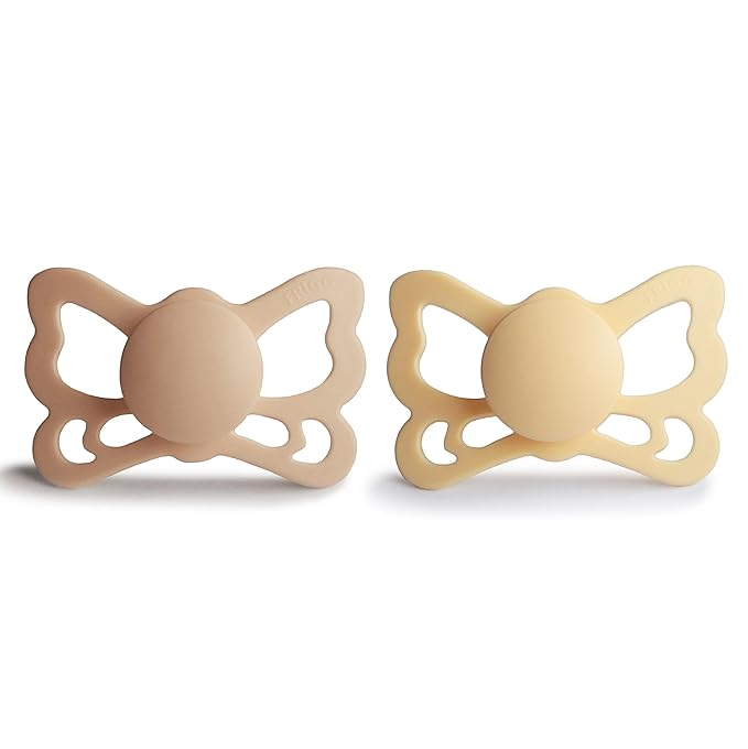 FRIGG Butterfly Anatomical SilkySoft Silicone Baby Pacifier | Made in Denmark | BPA-Free (Pale Daffodil/Silky Satin, 6-18 Months)