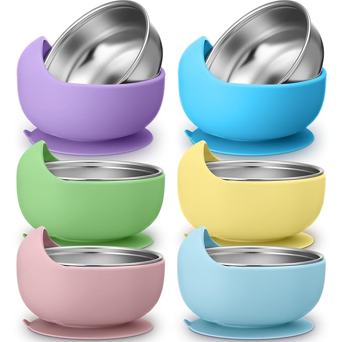 Nuogo 6 Pcs Stainless Steel Baby Bowls with Removable Silicone Shell 304 Toddler Bowls Kids Anti Scald Snack Container for Food Feeding, Dishwasher Safe(Fresh Color,Suction-b)