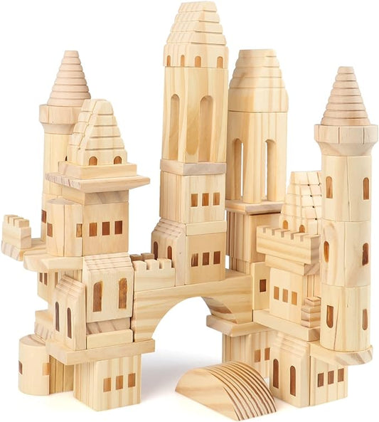 75 Pieces Wooden Castle Blocks Medieval Knights Princesses Wooden Castle Building Blocks Kit for Kids Boys and Girls