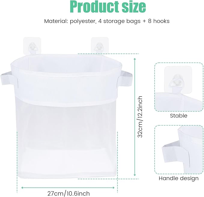 4Pcs Bath Toy Organizer with 8 Hooks Large Capacity Bathtub Toy Storage Organizer with Handles and Bottom Zippers for Storage and Classification