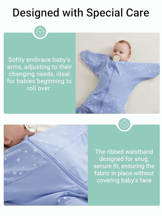 GROWNSY Transitional Swaddle Sleep Sack 3-6 Months, Starfish Design Baby Swaddle Sack, Dual-Zipper for Easy Diaper Changes, Proper Hip Development & Openable Foot Button, 12-20lbs, Blue