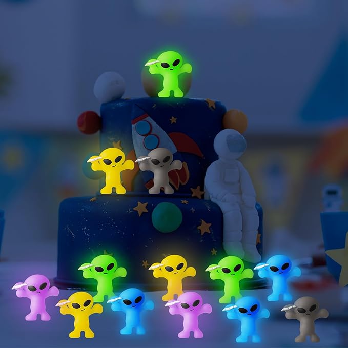 40 Pcs Colorful Mini Alien Figures Glow in The Dark Small Little Tiny Aliens Figurine Space Ship Toy Space Party Favors Prank Rubber Bag Piñata Filler