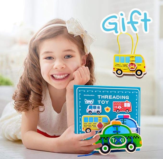 Promise Babe 5 Pack Lacing Cards Wooden Cars Block Puzzle Threading Toys Montessori Toy Sewing Cards for Toddler Educational Preschool Toys…