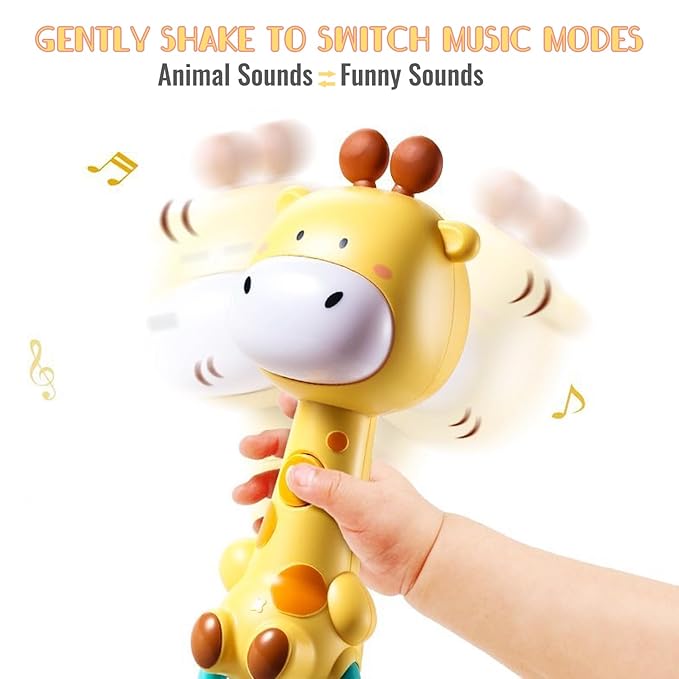 Bright Yellow Giraffe Baby Musical Rattle Toy - Light-Up Teether & Sensory Chew, BPA-Free Soft Rubber, Baby Shower & 1st Birthday Gift for 6-18 Months 1+ Year Old