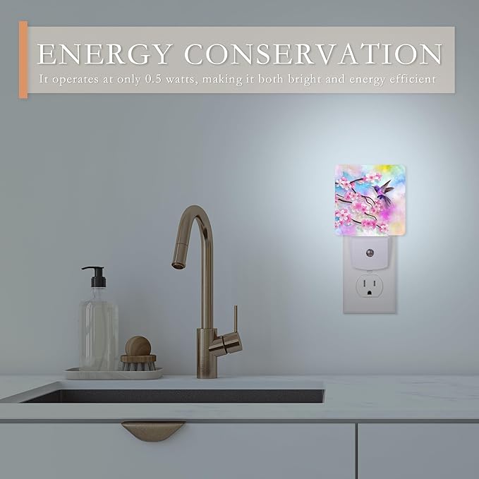 Cherry Blossoms Night Light,Humming Bird Night Lights Plug into Wall for Boys Girls Bedroom Decorative Half Round Nightlight Led Lamp 0.5W Sleep Friendly