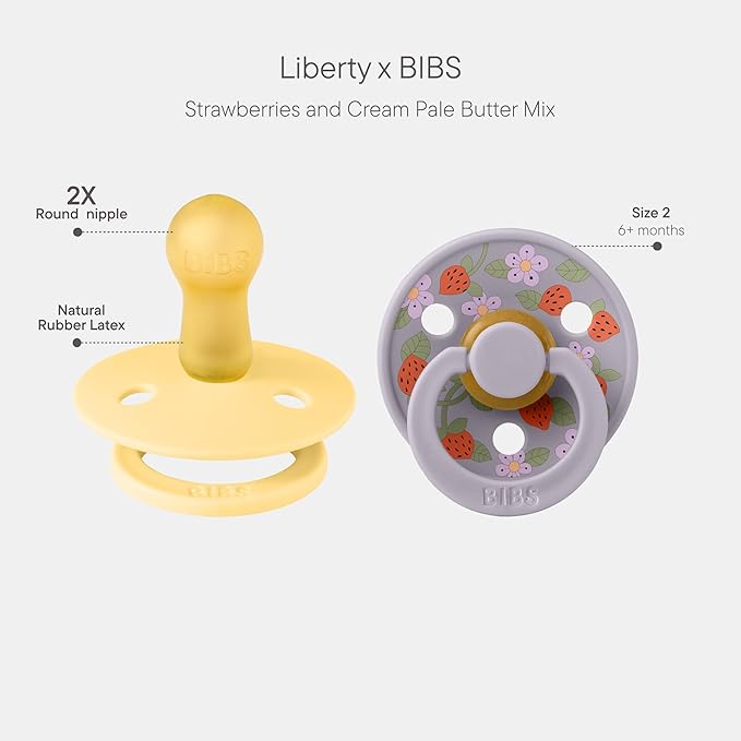BIBS Colour Liberty Soother 2-Pack, BPA Free Dummy Pacifier, Round Nipple. Natural Rubber Latex, Made in Denmark, Size 2 (6-18 Months), Strawberries and Cream Pale Butter Mix