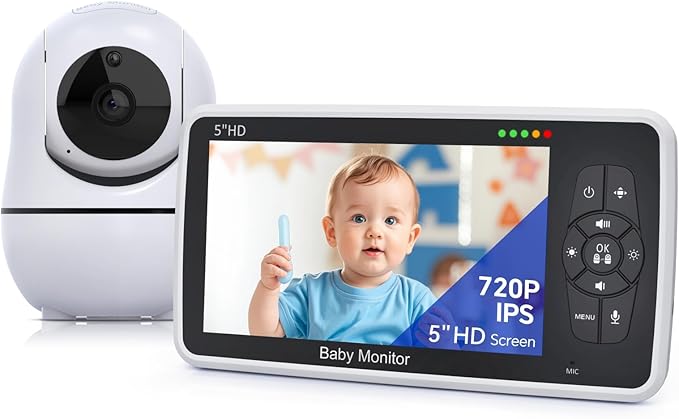 Babystar Baby Monitor with Camera and Audio, 720P HD Resolution 5" Display, Up to 22 Hour Battery, Remote Pan-Tilt-Zoom, No WiFi, VOX, Night Vision, 2-Way Audio, Lullabies, Temperature Sensor