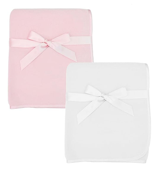 American Baby Company 2-Piece Fleece Blanket with Silk-Like Satin Trim set, Soft, Warm & Cozy, Pink and White, 30" x 30" for Boys and Girls, Perfect for Baby Carrier, Stroller, Travel and Gifting
