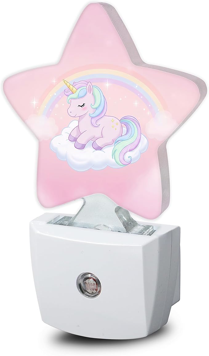 Rainbow Unicorn Dusk to Dawn Star Night Light,Cute Pink Sky Smart Sensor Nightlight for Bedroom Kitchen Hallway Stairs,Plug-in Energy Efficient Decor Desk Lamp Women Men Gifts