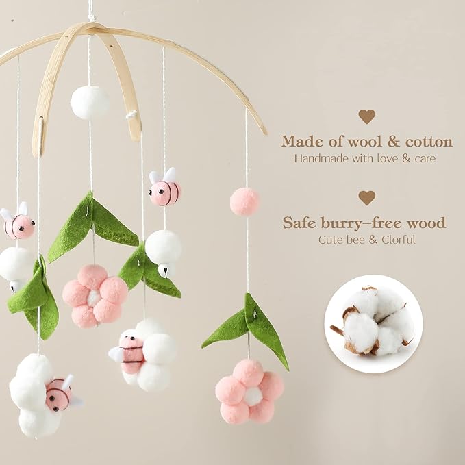 OESSUF Baby Mobile for Crib, Crib Nursery Mobile for Boys Girls, Boho Bee Flower Nursery Decor Soothe Toy Baby Shower Set for Infant Bedroom Hanging Decoration Toy, Pink