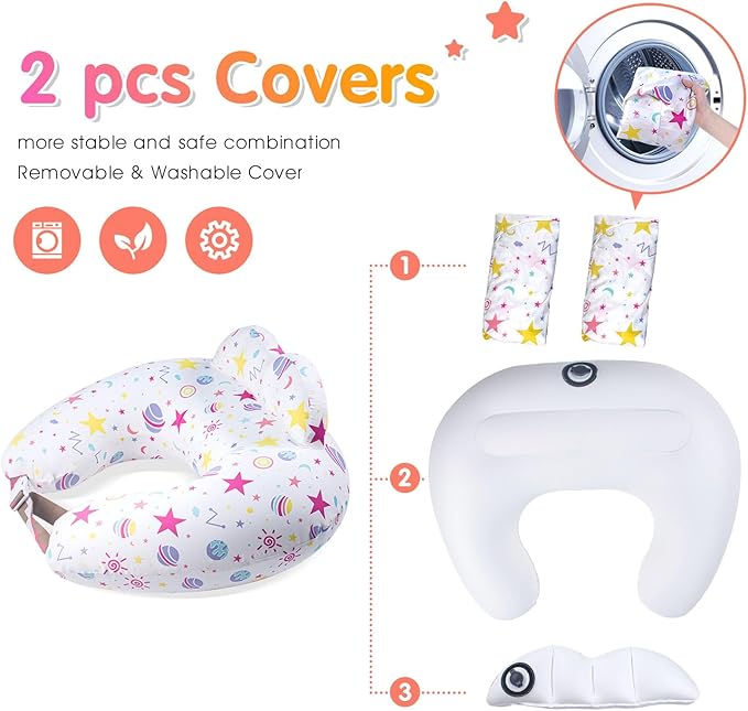 Inflatable Travel Nursing Pillow with Extra Replacement Cover–Portable Breastfeeding & Bottle-Feeding Pillow for Mom & Baby Support, 2 Removable 100% Cotton Covers–Newborn Essentials