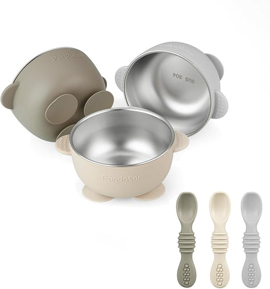 PandaEar 3 Pack Stainless Steel Suction Baby Bowls & 3 Baby Feeding Spoons | Non-Slip Stay Put Bowls & Soft Silicone First Stage Spoons for Toddlers, BPA-Free Baby Led Weaning Set (Linen Brown Grey)