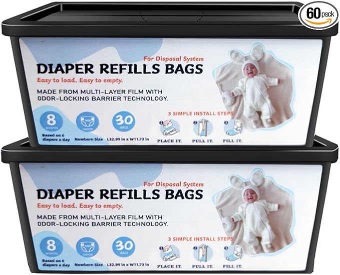 Diaper Pail Refills Bags with 30 Bags, Compatible with Genie Easy Roll Signature Diaper Pail and Platinum Diaper Pail, 7-Layer Odor-Barrier Technology, 2 Pack (60 Bag)