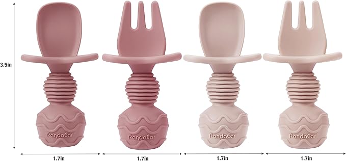 PandaEar 2 Pack Toddler Divided Suction Plates with 2 Spoons 2 Forks for Babies | Silicone Baby Led Weaning Supplies Self Feeding Eating Utensils | BPA-Free Silicone Baby Feeding Set -Pink