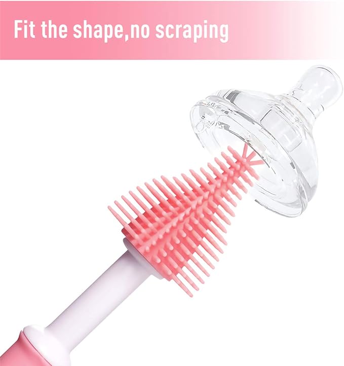 Silicone Baby Bottle Brushes Set Cleans Deep Container Nipple or Straw with Rotation Long Handle,3 in 1 Rubber Cleaning Kits Wash Infant Pacifier Teat Nozzle or Breast Pump by Spinning Handgrip
