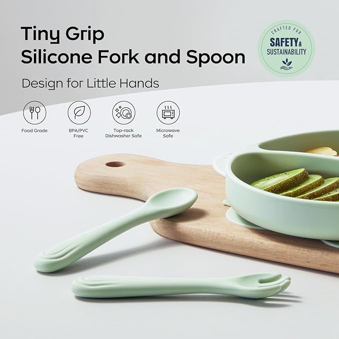 Bc Babycare Portable 4 Pack Baby & Toddler Self Feeding Fork and Spoon Set with Storage Case, BPA-Free Silicone Utensils for Boys and Girls, Safe & Easy to Carry, Green & Pink