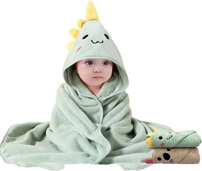 2 Pack Premium Soft Baby Bath Towels with Hood - Green Dinosaur + Brown Koala - Ultra Absorbent, Baby Stuff Shower for Boys and Girls