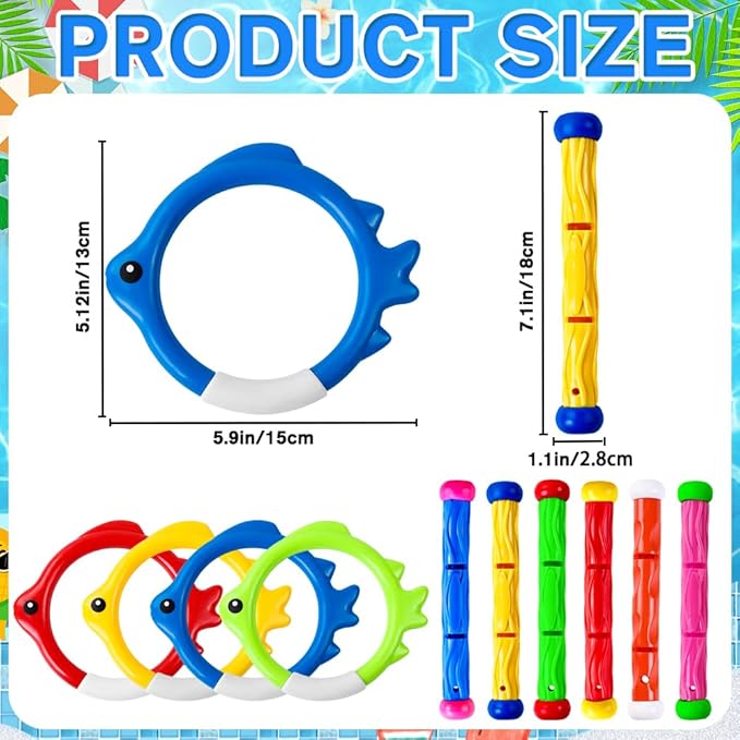 10PCS Pool Diving Swim Toys Colorful Underwater Training Sinking Throwing Dive Rings Sticks for Kids Summer Pool Swimming Party Favor Games