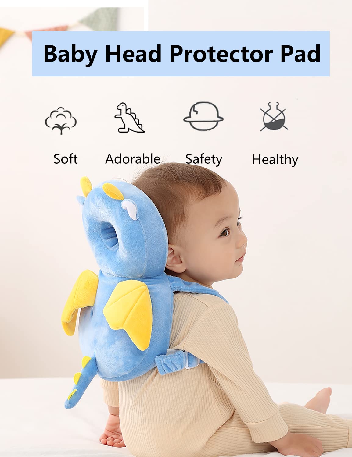 JunNeng Toddler Baby Head Protector Backpack for Toddler Walker with Knee Pads&Anti-Slip Socks, Dinosaur