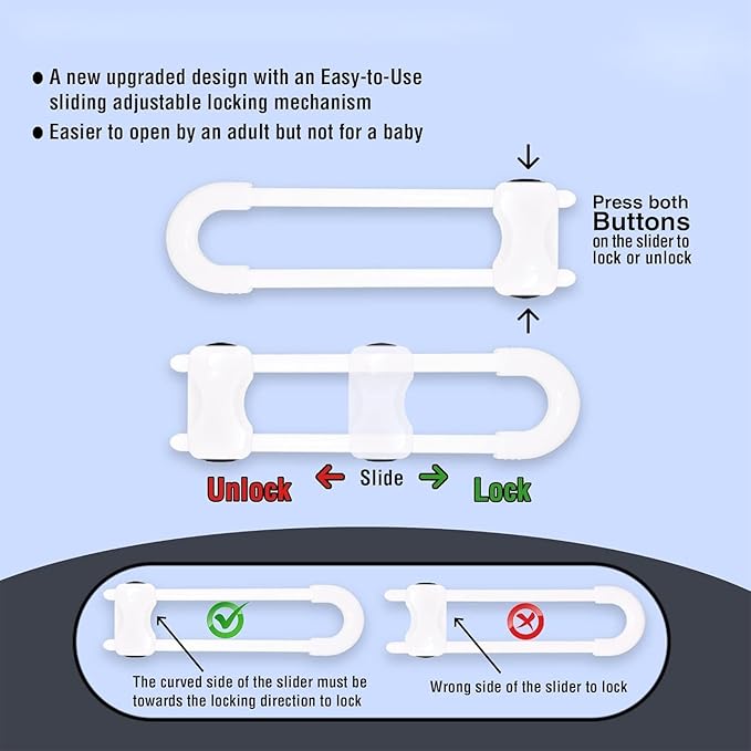 Sliding Cabinet Locks for Baby, Baby Proofing Adjustable U-Shaped Baby Safety Latches for Handles Knobs Drawers, Fridge, Closet, Cupboard, Closet with Secure Lock Buttons,2Pack (White)