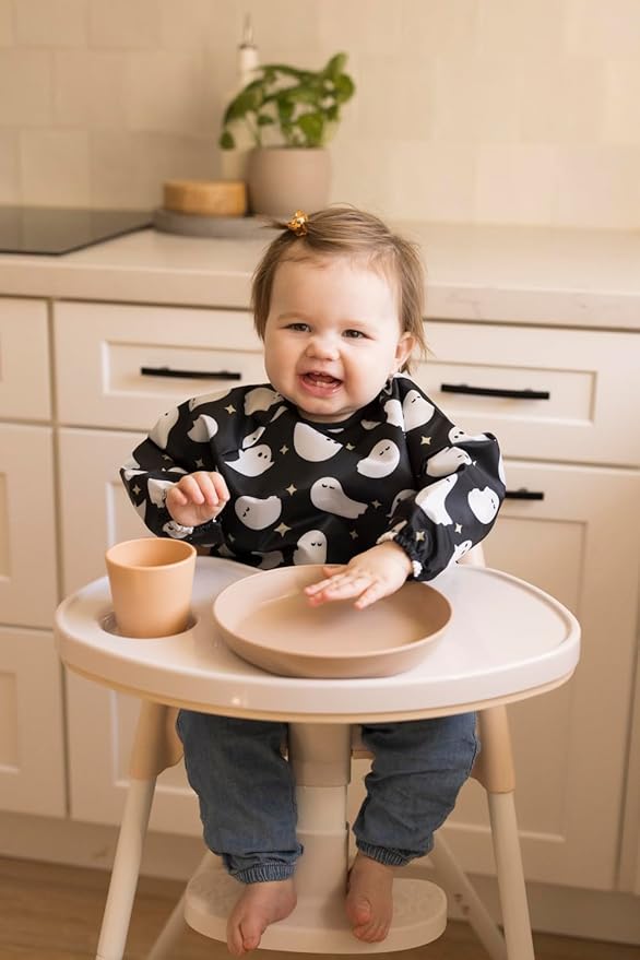 Tiny Twinkle Long Sleeve Bib for Babies & Toddlers – Waterproof Smock Bib for Eating – Machine Washable & Mess-Proof, Baby Feeding Essential & Shower Must-Have(Ghosts, 6–24M)