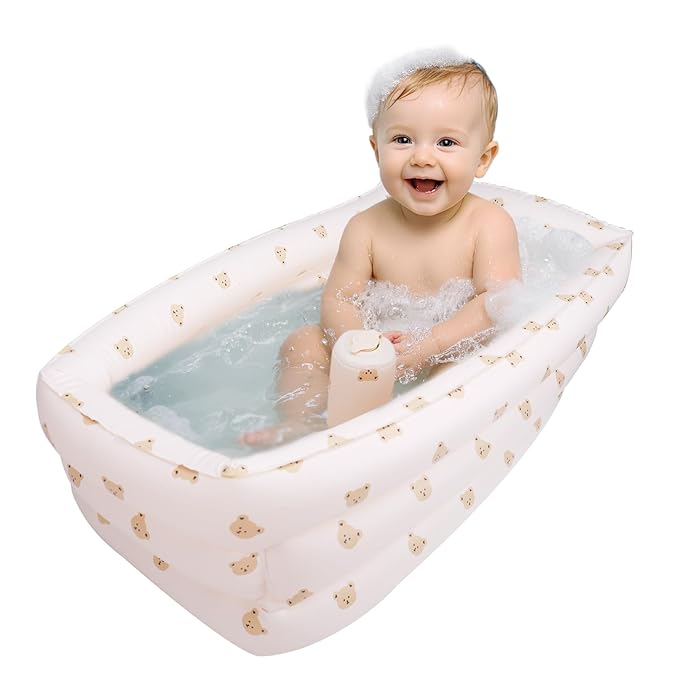 Inflatable Baby Bathtub with Built-in Air Pump, Portable Bathtub for Babies 0-5 Years Old, Small Ball Pool, Foldable Bath Tub for Travel, 30.7 x 14.6 Inch (Bear Head)