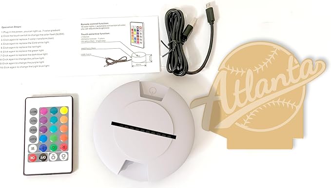 CLORURBANLIVE 3D Baseball Atlanta Night Light 3D Illusion Lamp with Remote Control 16 Color Options Sports Decor Lighting for Fans - Multicoloured OneSize