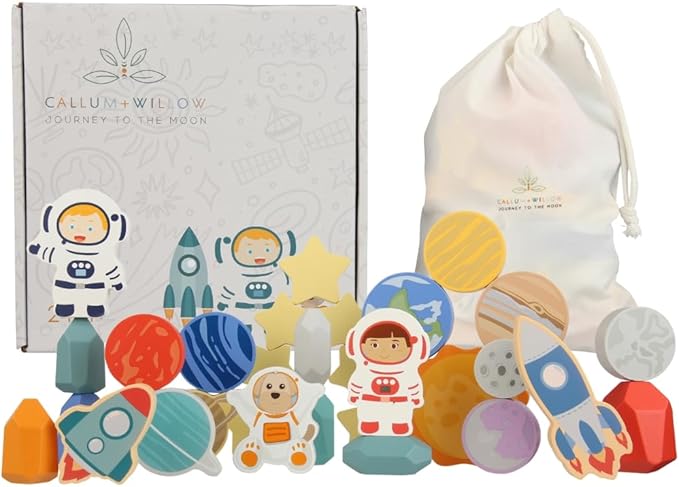 Toddler 30 Piece Stacking Wood Blocks Space Gift - Montessori 2 Year Old Fine Motor Skills Toy Learning Stacking Shape Sorter Sensory Preschool Busy Journey to the Moon (Block Set, Wood)