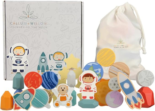 Toddler 30 Piece Stacking Wood Blocks Space Gift - Montessori 2 Year Old Fine Motor Skills Toy Learning Stacking Shape Sorter Sensory Preschool Busy Journey to the Moon (Block Set, Wood)