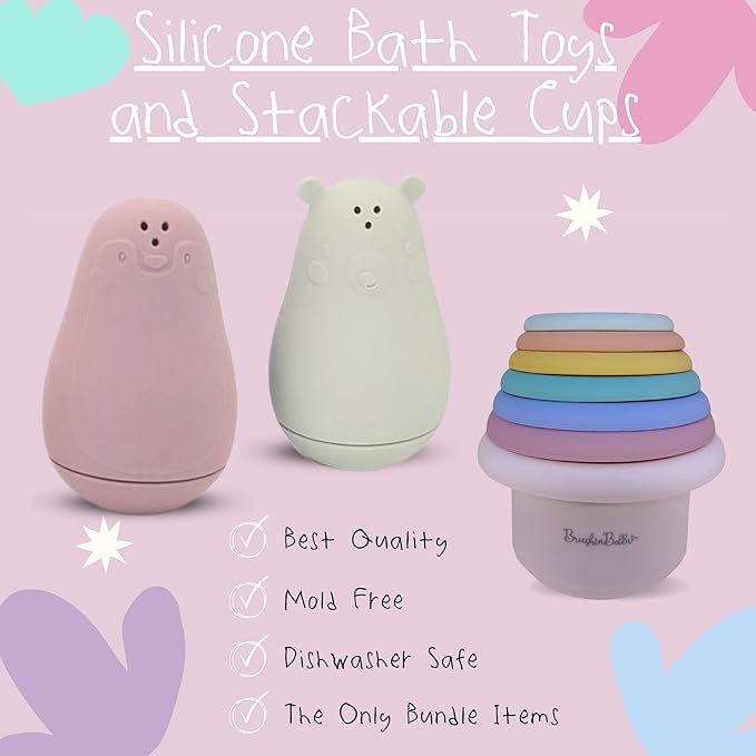 Silicone Bath Toys 4-Pack - Cleanable Silicone Toys with Montessori Stackable Cups - Baby Bath Toys - Dishwasher-Safe Bath Toys - Toddler Tub Toys - Baby Bath Essentials