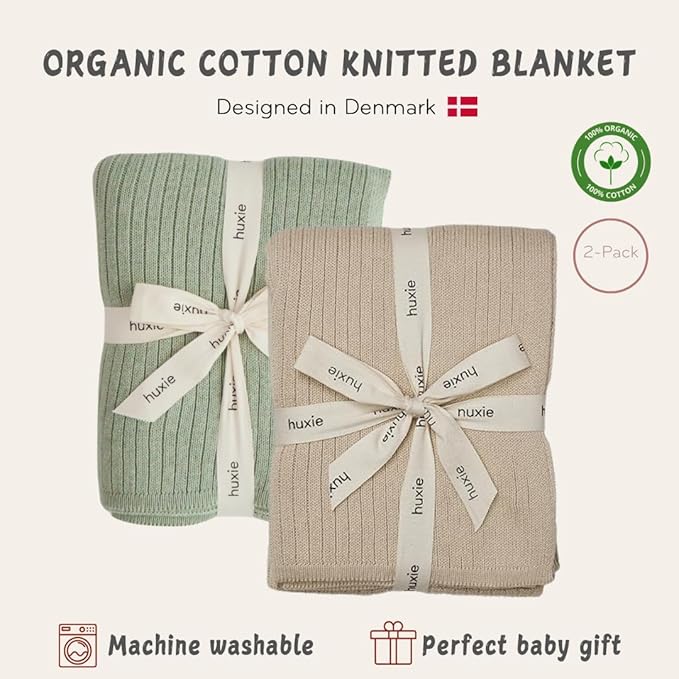 Knitted Organic Cotton Baby Blanket- Swaddle Blanket, 30" x 40" Soft Receiving Blanket for Newborn (Fog/Roman Green)