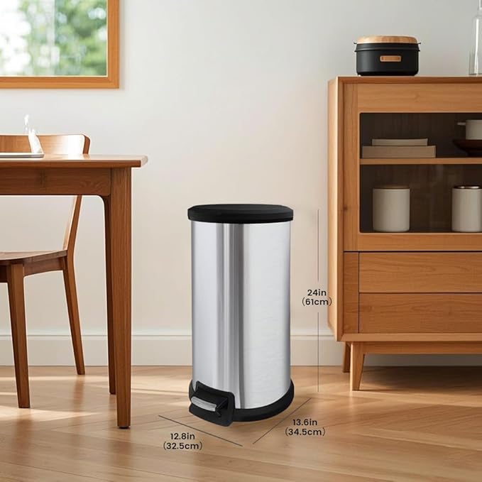 10 Gallon Stainless Steel Trash Can – Round Tall Design, Hands-Free Pedal, Liner-Free with Inner Ring Bag Holder, Rust-Proof for Kitchen, Office, or Bathroom (12.8" x 13.6" x 24")