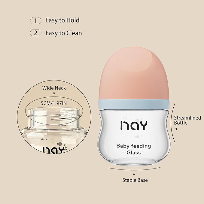 Natural Glass Baby Bottle Wide Neck, Newborn Anti-Colic Baby Bottle, Clear, 3oz(Pack of 4), Includes 4Pcs Slow Flow Nipple(SS), 0 Months+