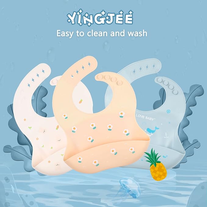 Baby Silicone Feeding Bibs, 3pcs Adjustable Waterproof Bibs for Feeding