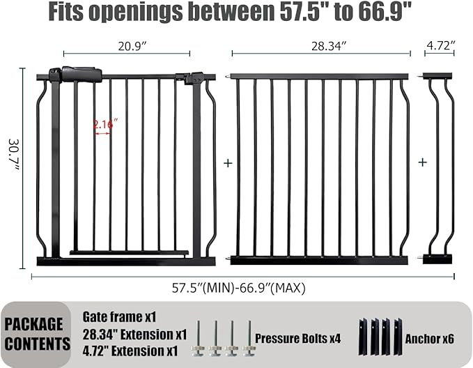 Extra Wide Baby Gate 62-67 Inch, Pressure Mounted Safety Child & Pet Gate - Black Metal - Large Walk Through - Long - for House Doorways & Stairs, 30 Inch Tall