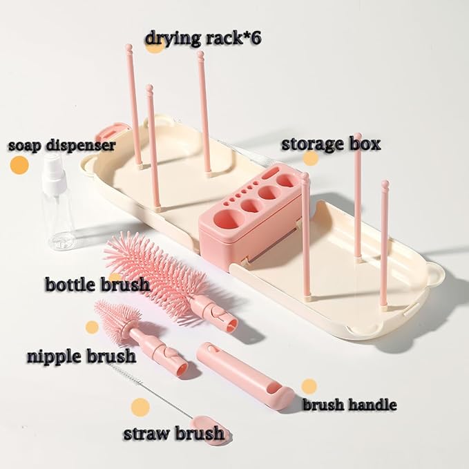 6 In1 Baby Bottle Brush Kit,Portable Silicone Bottle Brush Cleaner Set with Straw Brush,Nipple Brush,Drying Rack,Soap Dispenser,Storage Bag for Travel or Home (Pink)
