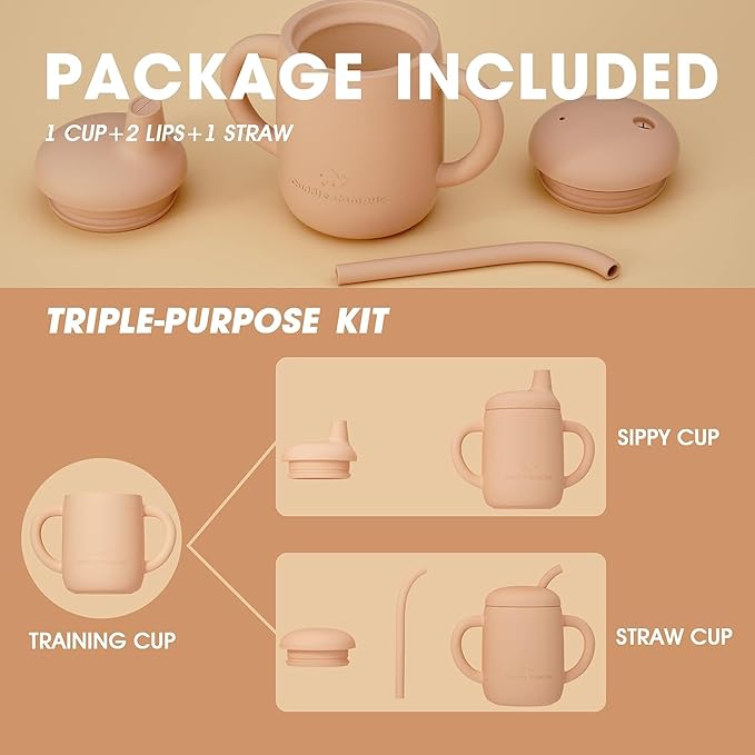 Cuddle Campus Sippy Cups 7OZ, [4 in 1] Baby Cups, Shatterproof Silicone Straw Cup,Open Cup for 6M, 6M+,6-12 Months,1/1+ Year Old Baby,Toddler